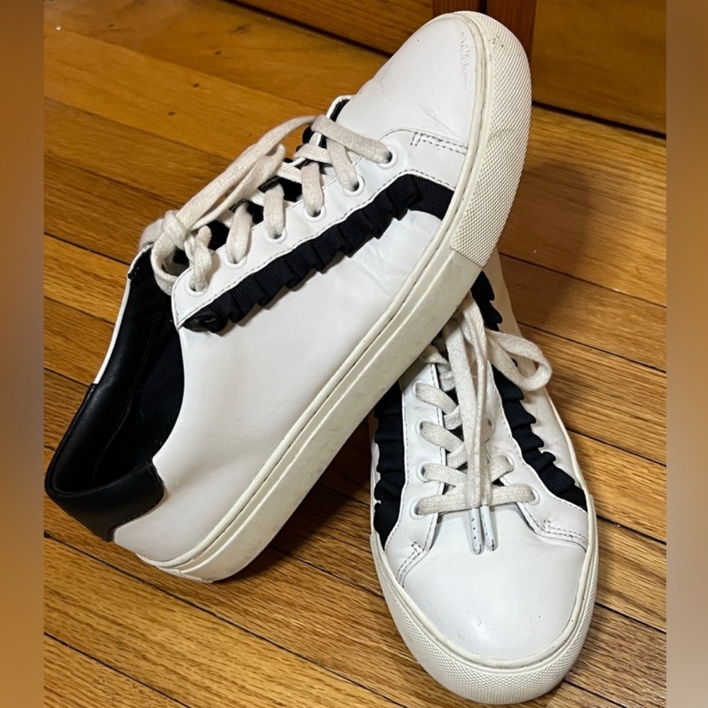 Tory Burch White and Black Ruffle Sneakers